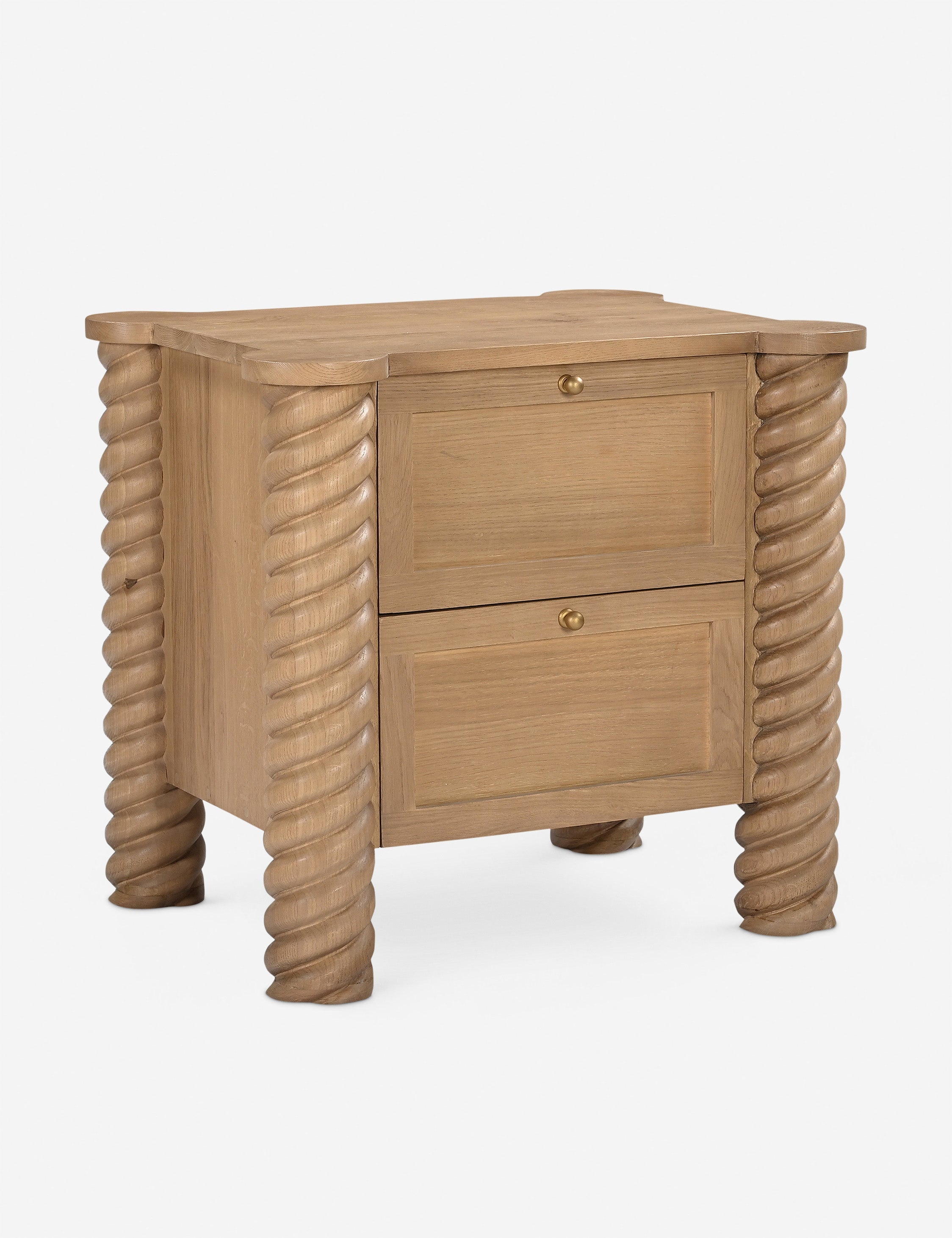 Table de chevet à 2 tiroirs - Cette table de chevet est une réinterprétation contemporaine de l'esthétique classique, se distinguant par ses pieds tournés complexes et
