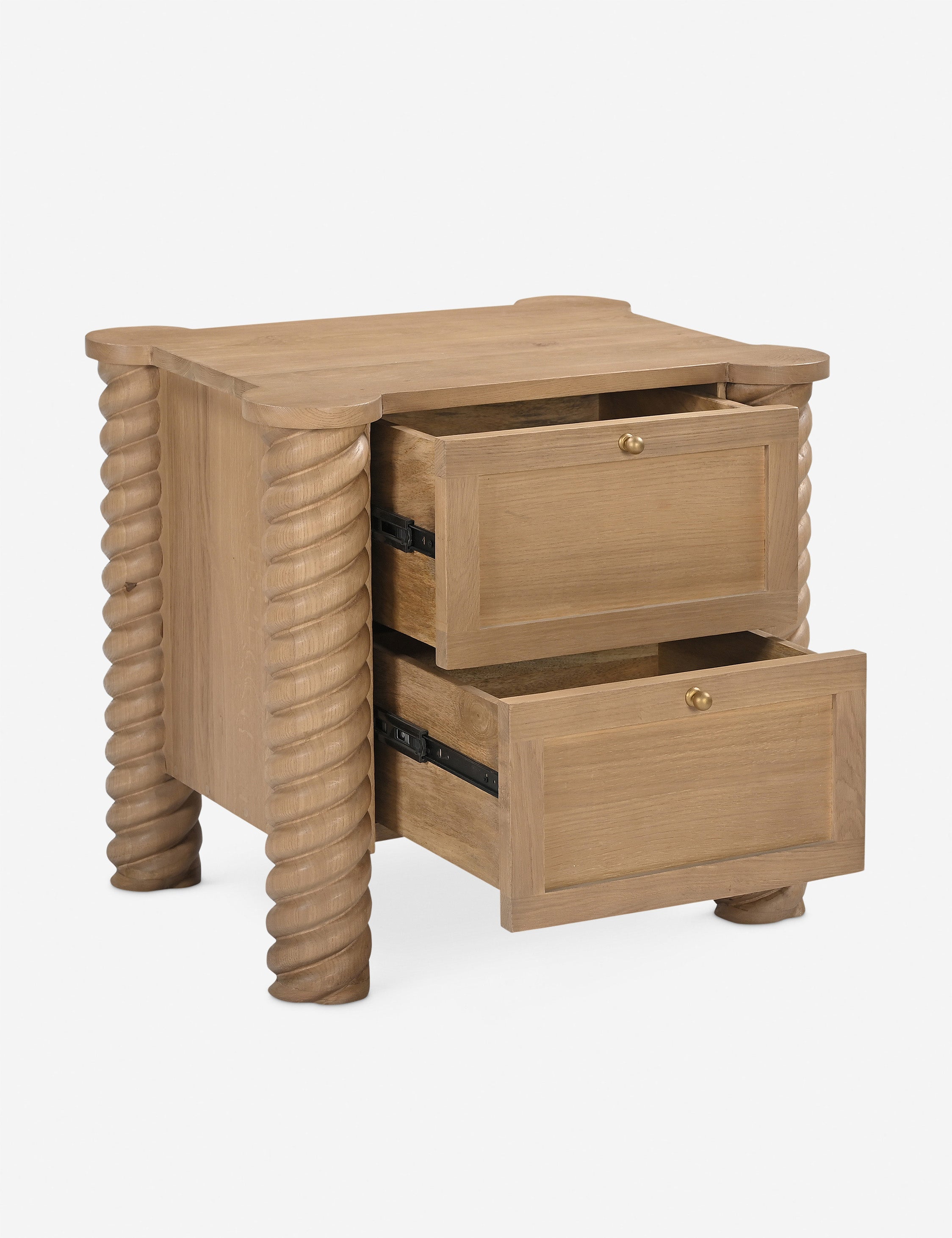 Table de chevet à 2 tiroirs - Cette table de chevet est une réinterprétation contemporaine de l'esthétique classique, se distinguant par ses pieds tournés complexes et