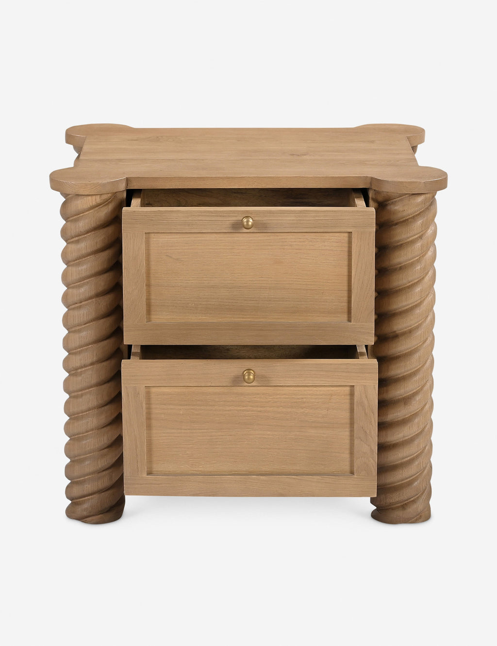 Table de chevet à 2 tiroirs - Cette table de chevet est une réinterprétation contemporaine de l'esthétique classique, se distinguant par ses pieds tournés complexes et