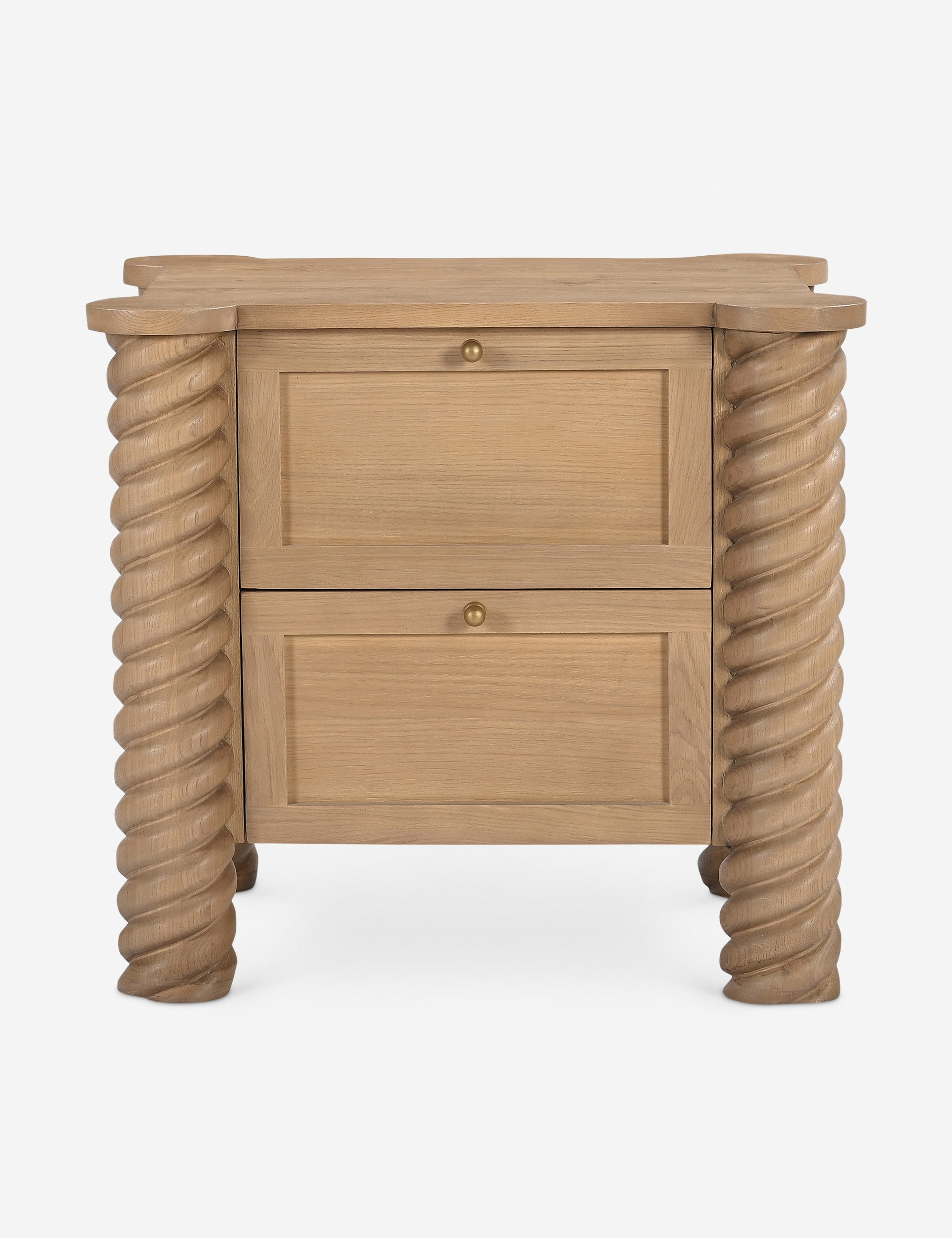 Table de chevet à 2 tiroirs - Cette table de chevet est une réinterprétation contemporaine de l'esthétique classique, se distinguant par ses pieds tournés complexes et