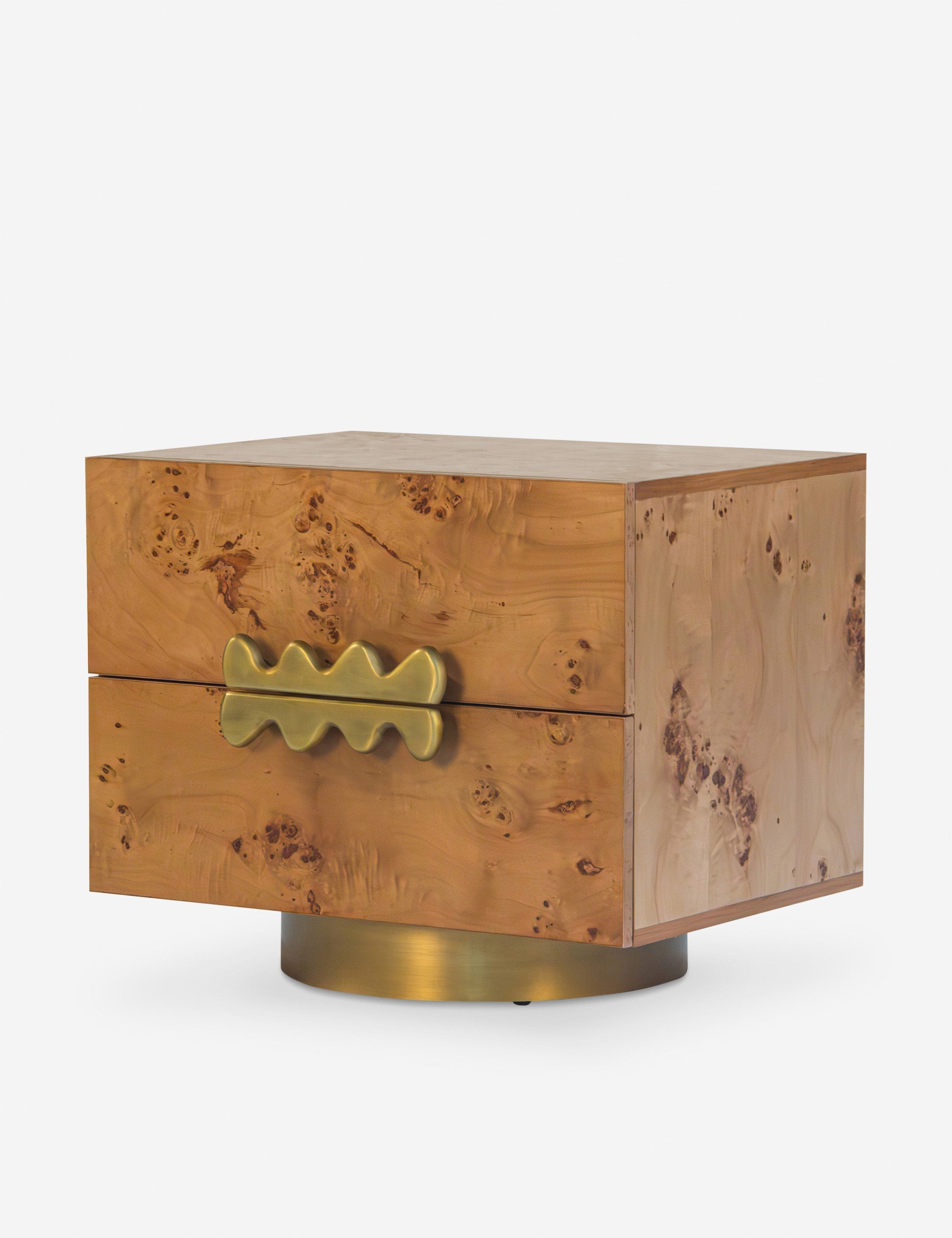 Table de chevet - Le bois de loupe apporte du caractère à cette table de chevet moderne.
