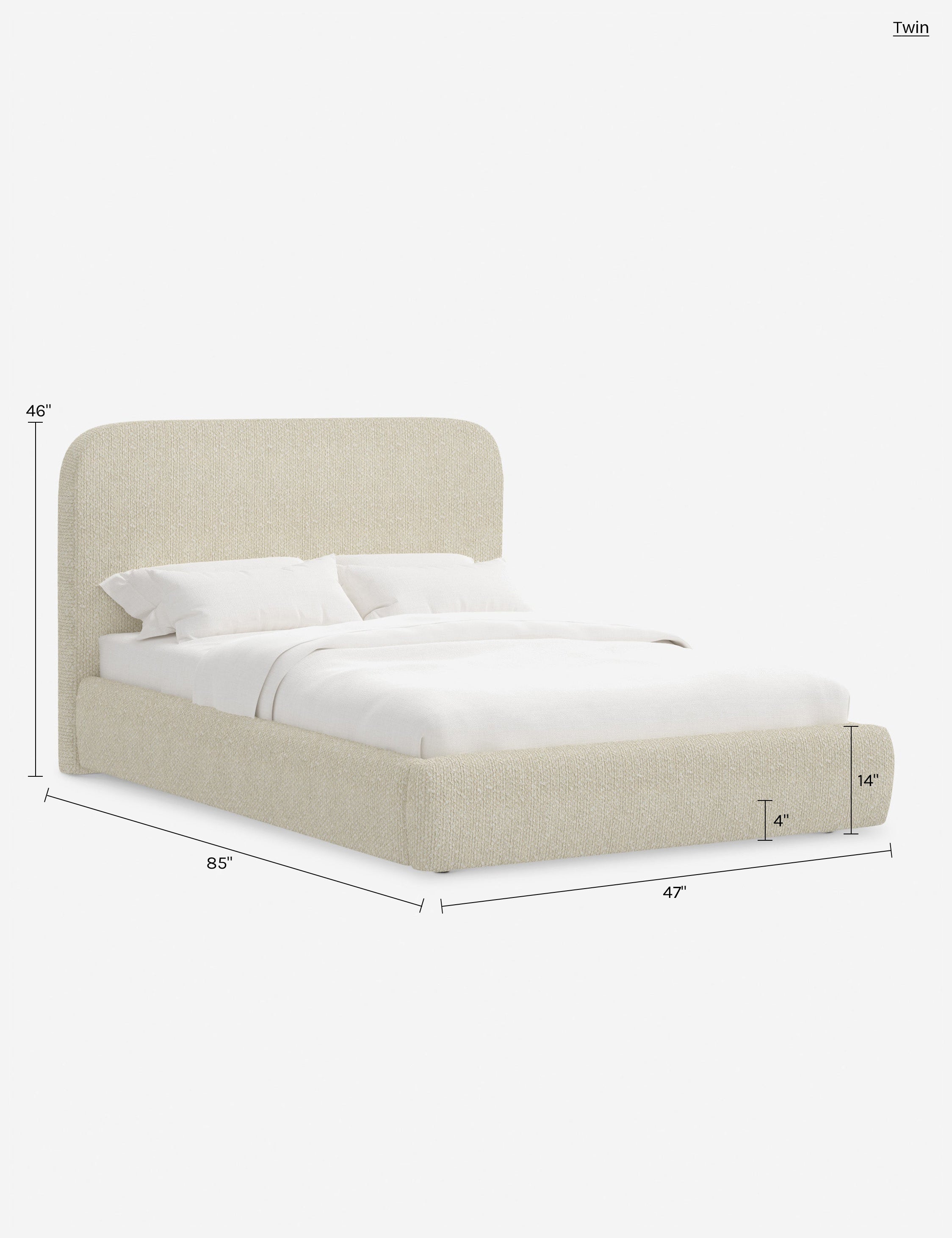 Lit plateforme haut - Un design épuré et une tête de lit arrondie confèrent une touche de douceur à ce cadre de lit tapissé