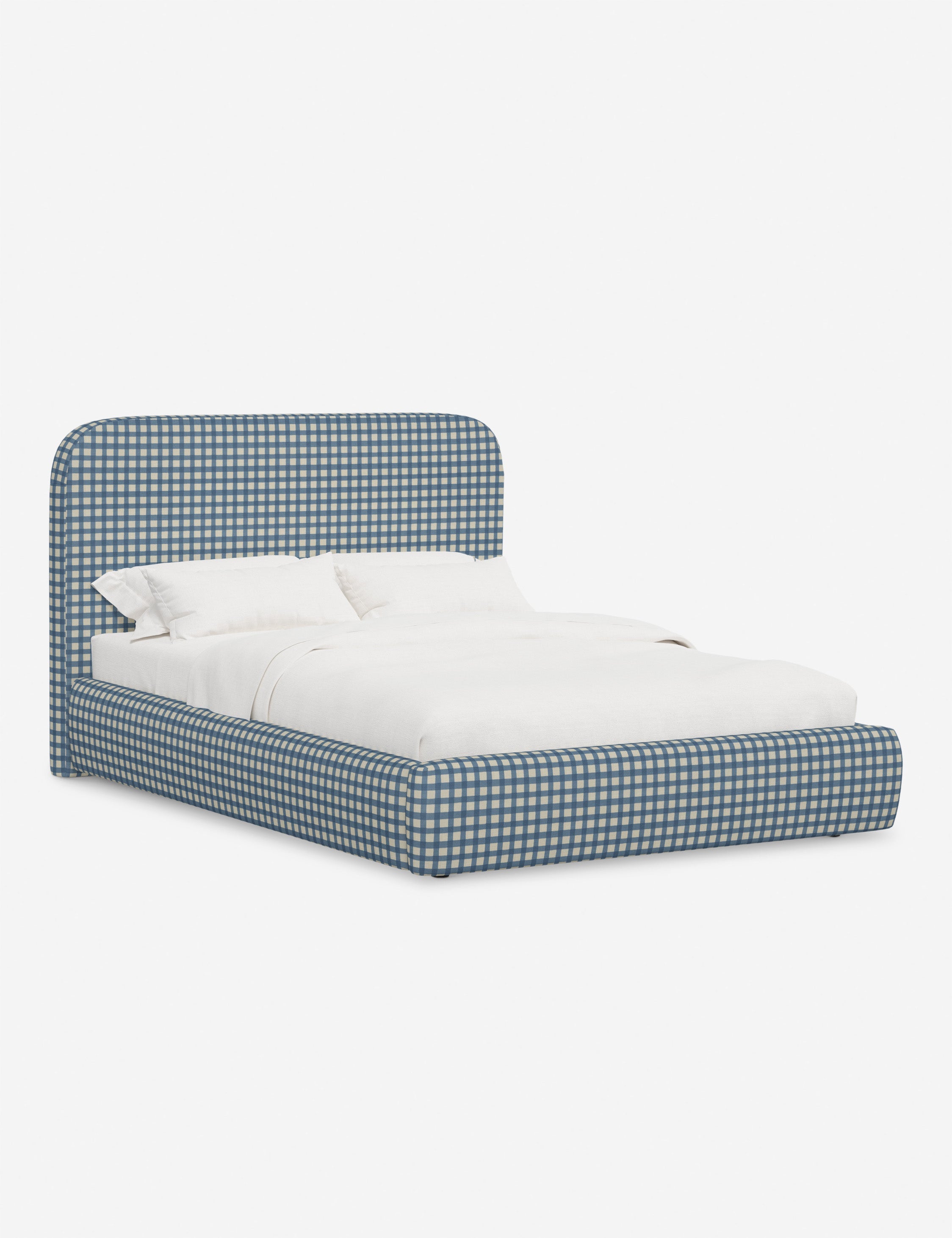 Lit plateforme haut - Un design épuré et une tête de lit arrondie confèrent une touche de douceur à ce cadre de lit tapissé