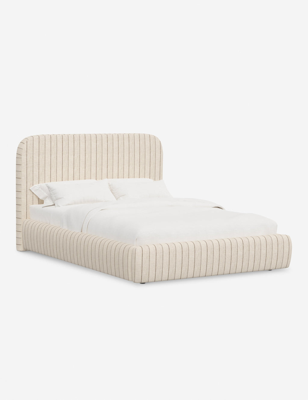 Lit plateforme haut - Un design épuré et une tête de lit arrondie confèrent une touche de douceur à ce cadre de lit tapissé