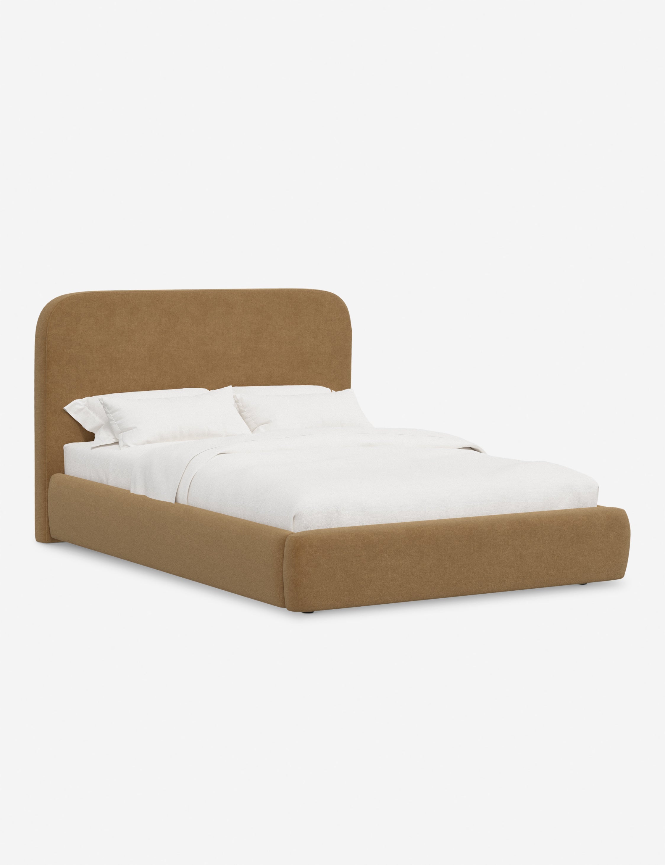 Lit plateforme haut - Un design épuré et une tête de lit arrondie confèrent une touche de douceur à ce cadre de lit tapissé