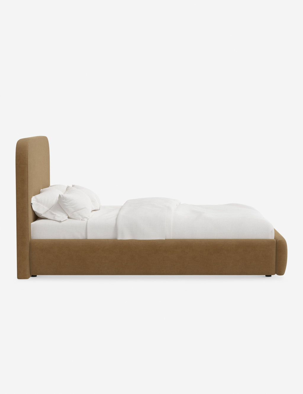 Lit plateforme haut - Un design épuré et une tête de lit arrondie confèrent une touche de douceur à ce cadre de lit tapissé