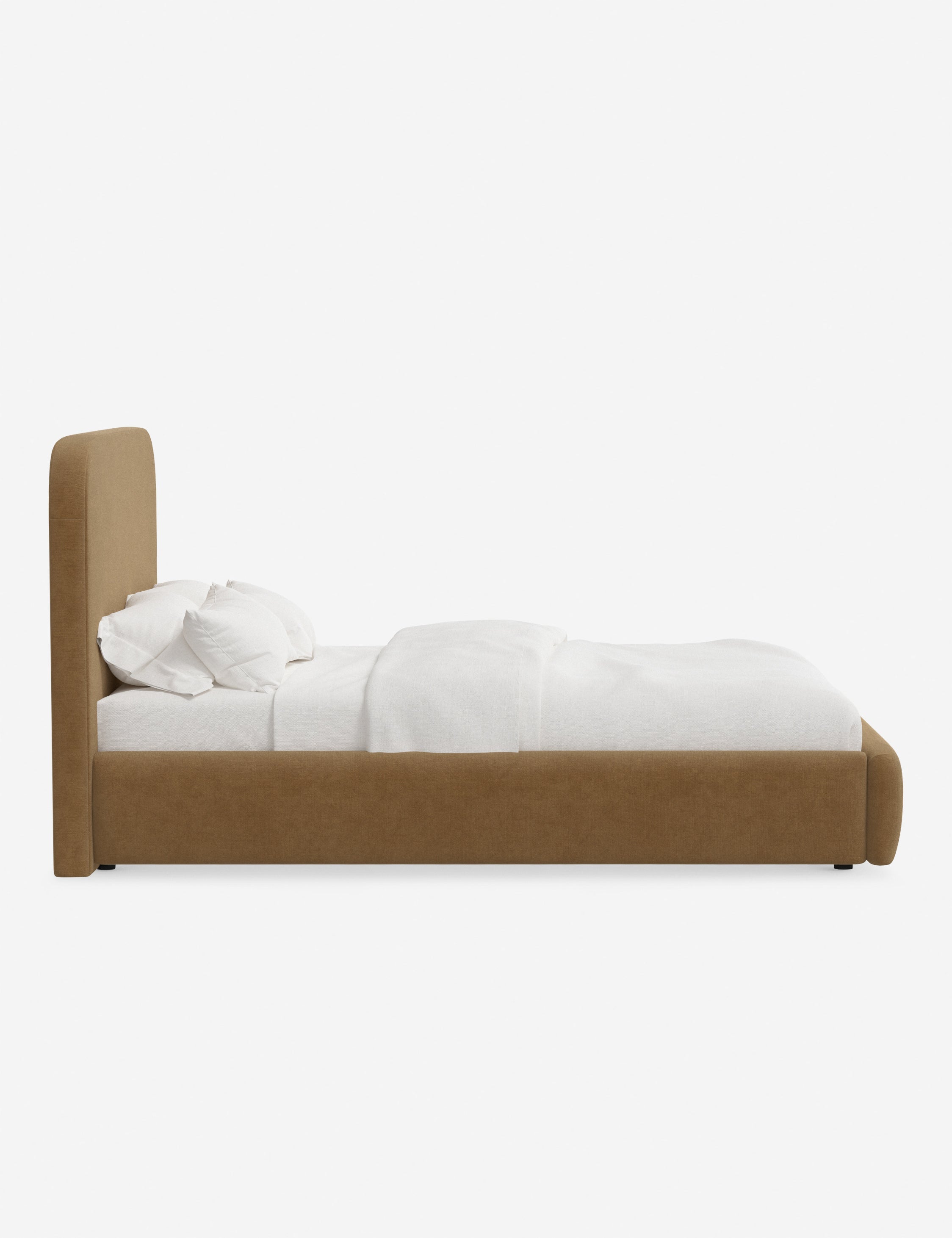 Lit plateforme haut - Un design épuré et une tête de lit arrondie confèrent une touche de douceur à ce cadre de lit tapissé