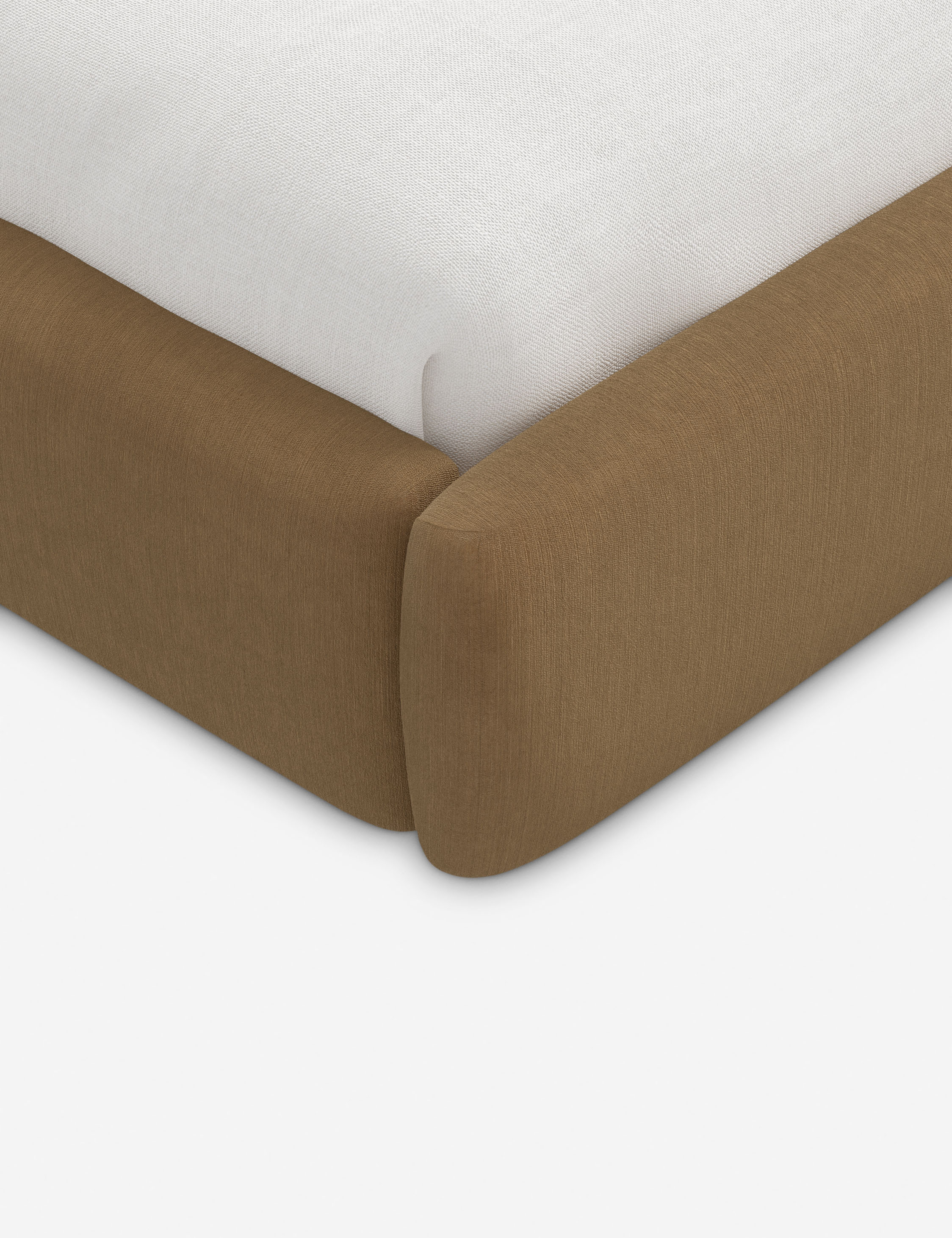 Lit plateforme haut - Un design épuré et une tête de lit arrondie confèrent une touche de douceur à ce cadre de lit tapissé