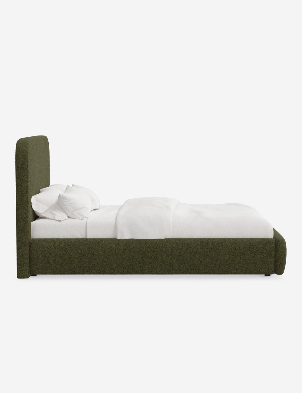 Lit plateforme haut - Un design épuré et une tête de lit arrondie confèrent une touche de douceur à ce cadre de lit tapissé