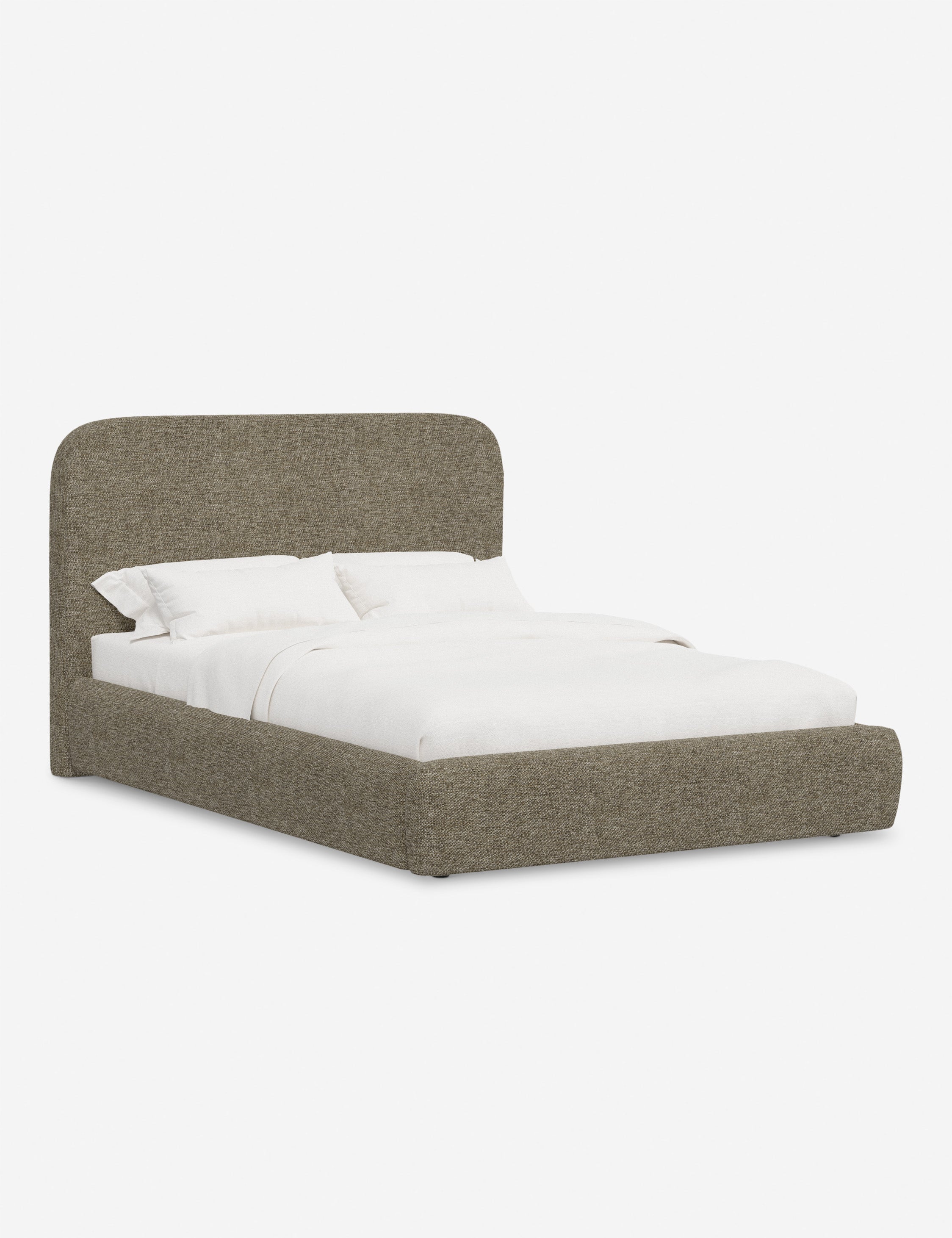 Lit plateforme haut - Un design épuré et une tête de lit arrondie confèrent une touche de douceur à ce cadre de lit tapissé