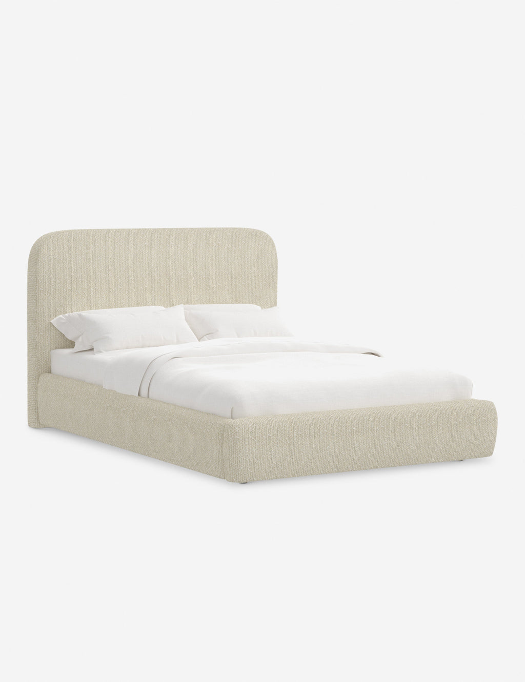 Lit plateforme haut - Un design épuré et une tête de lit arrondie confèrent une touche de douceur à ce cadre de lit tapissé