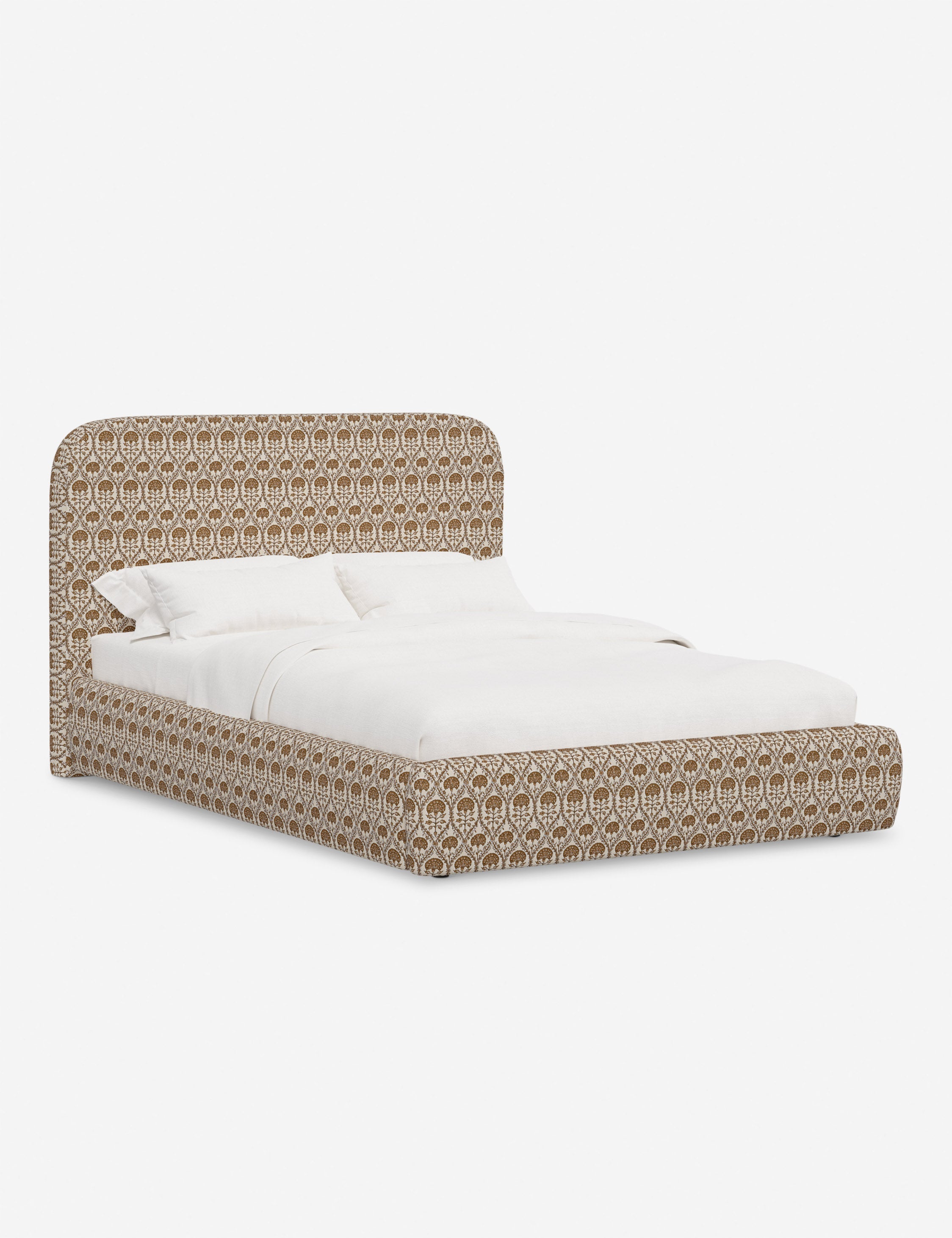 Lit plateforme haut - Un design épuré et une tête de lit arrondie confèrent une touche de douceur à ce cadre de lit tapissé