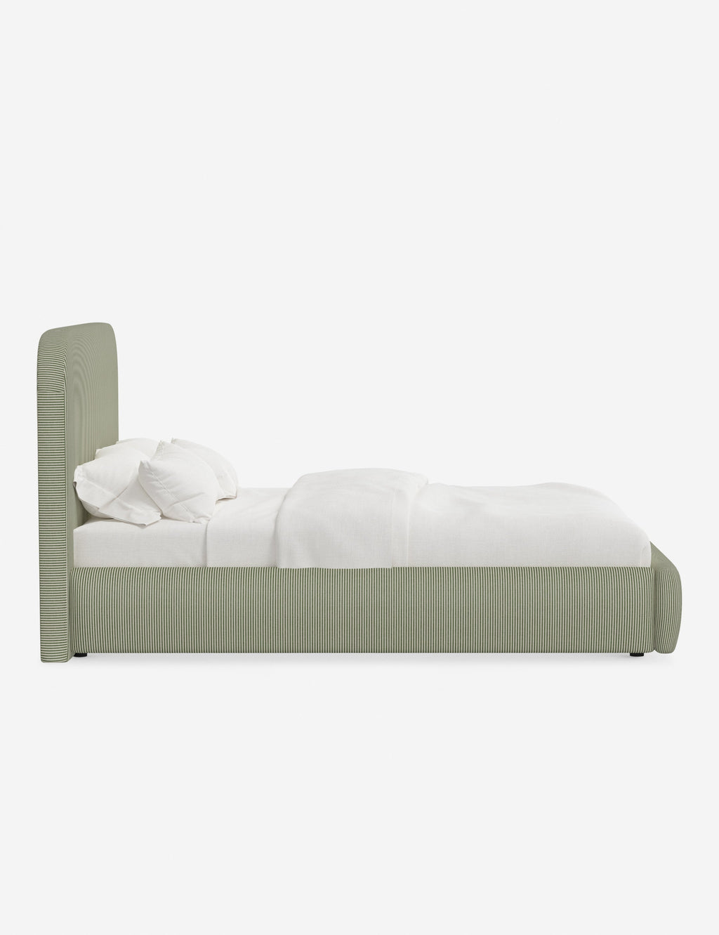 Lit plateforme haut - Un design épuré et une tête de lit arrondie confèrent une touche de douceur à ce cadre de lit tapissé