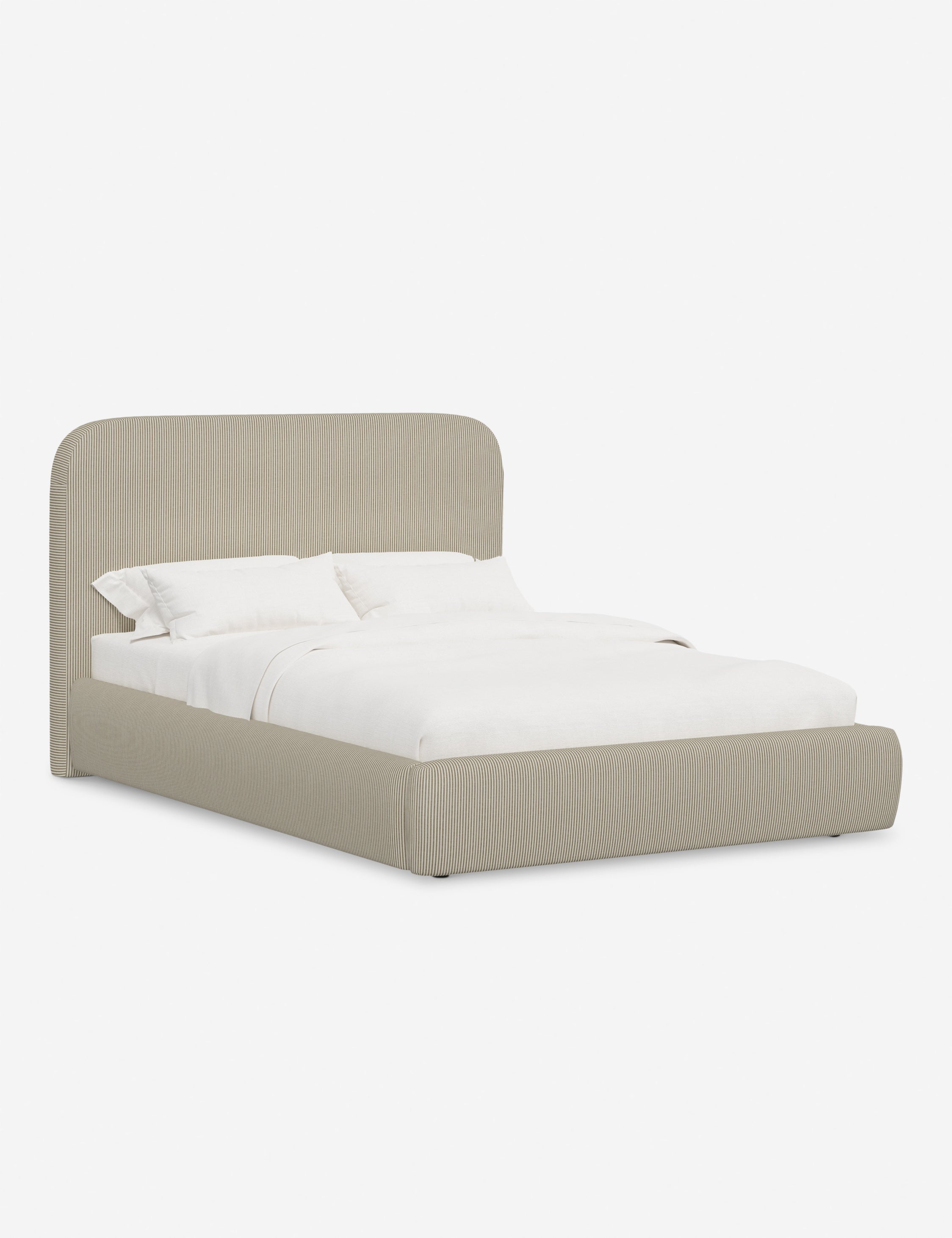 Lit plateforme haut - Un design épuré et une tête de lit arrondie confèrent une touche de douceur à ce cadre de lit tapissé