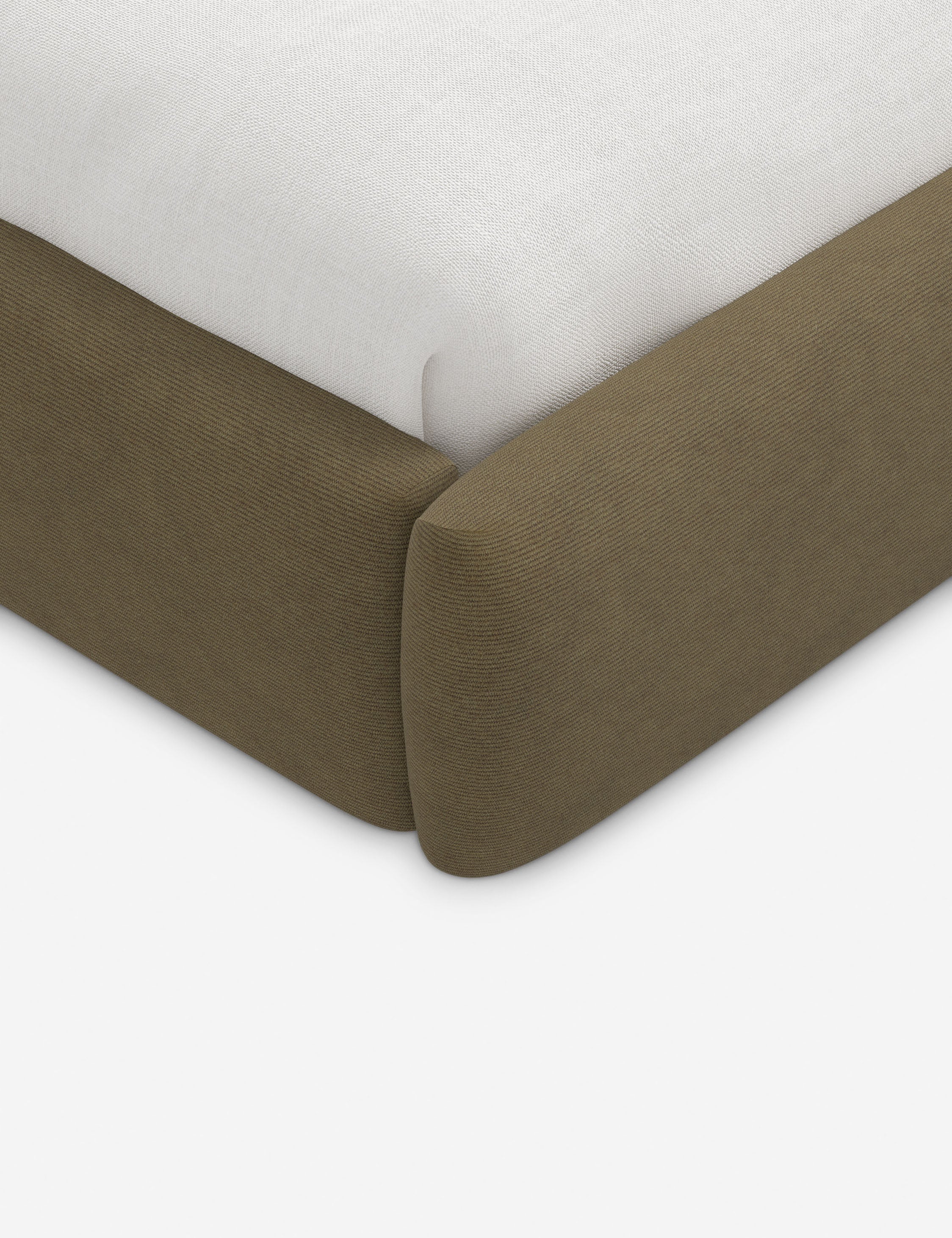 Lit plateforme haut - Un design épuré et une tête de lit arrondie confèrent une touche de douceur à ce cadre de lit tapissé