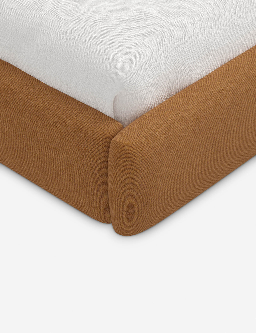 Lit plateforme haut - Un design épuré et une tête de lit arrondie confèrent une touche de douceur à ce cadre de lit tapissé