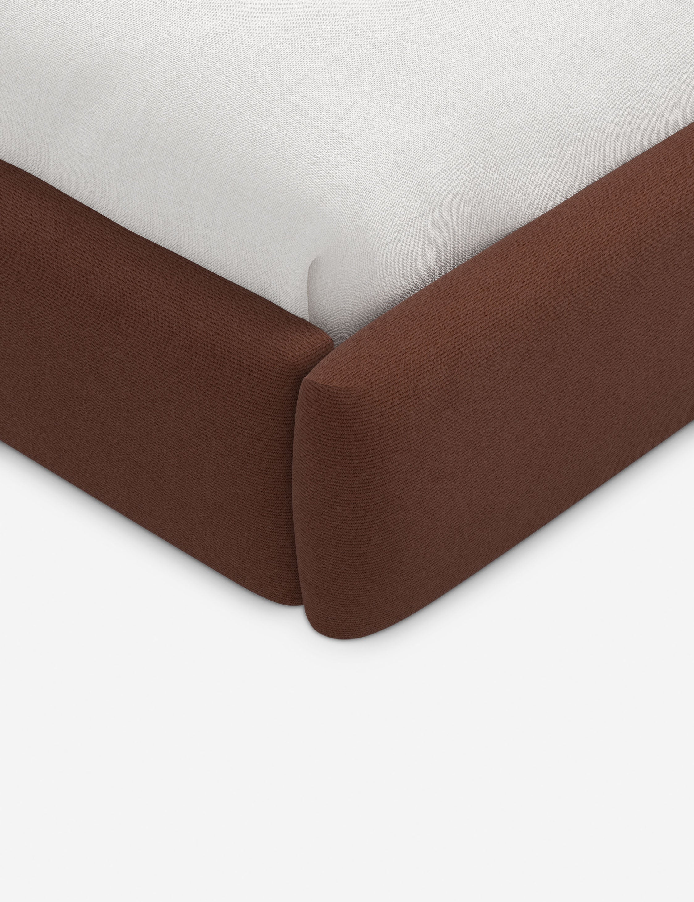 Lit plateforme haut - Un design épuré et une tête de lit arrondie confèrent une touche de douceur à ce cadre de lit tapissé