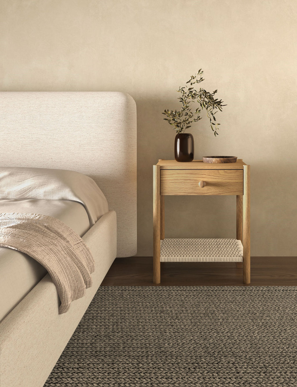 Table de chevet - La table de chevet offre une interprétation raffinée des textures naturelles avec une étagère en corde de papier tressée à la main sous un simple cadre en chêne