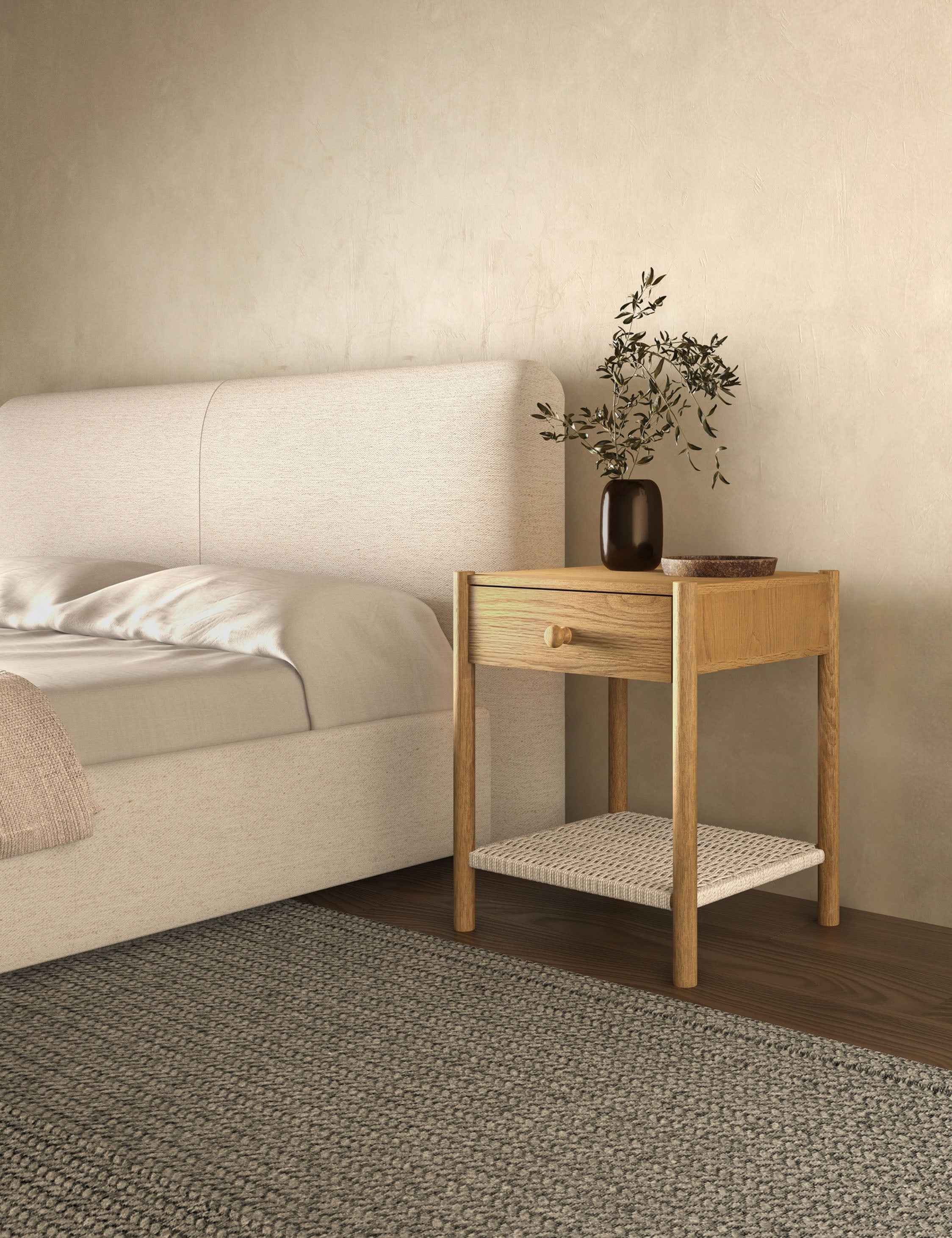Table de chevet - La table de chevet offre une interprétation raffinée des textures naturelles avec une étagère en corde de papier tressée à la main sous un simple cadre en chêne