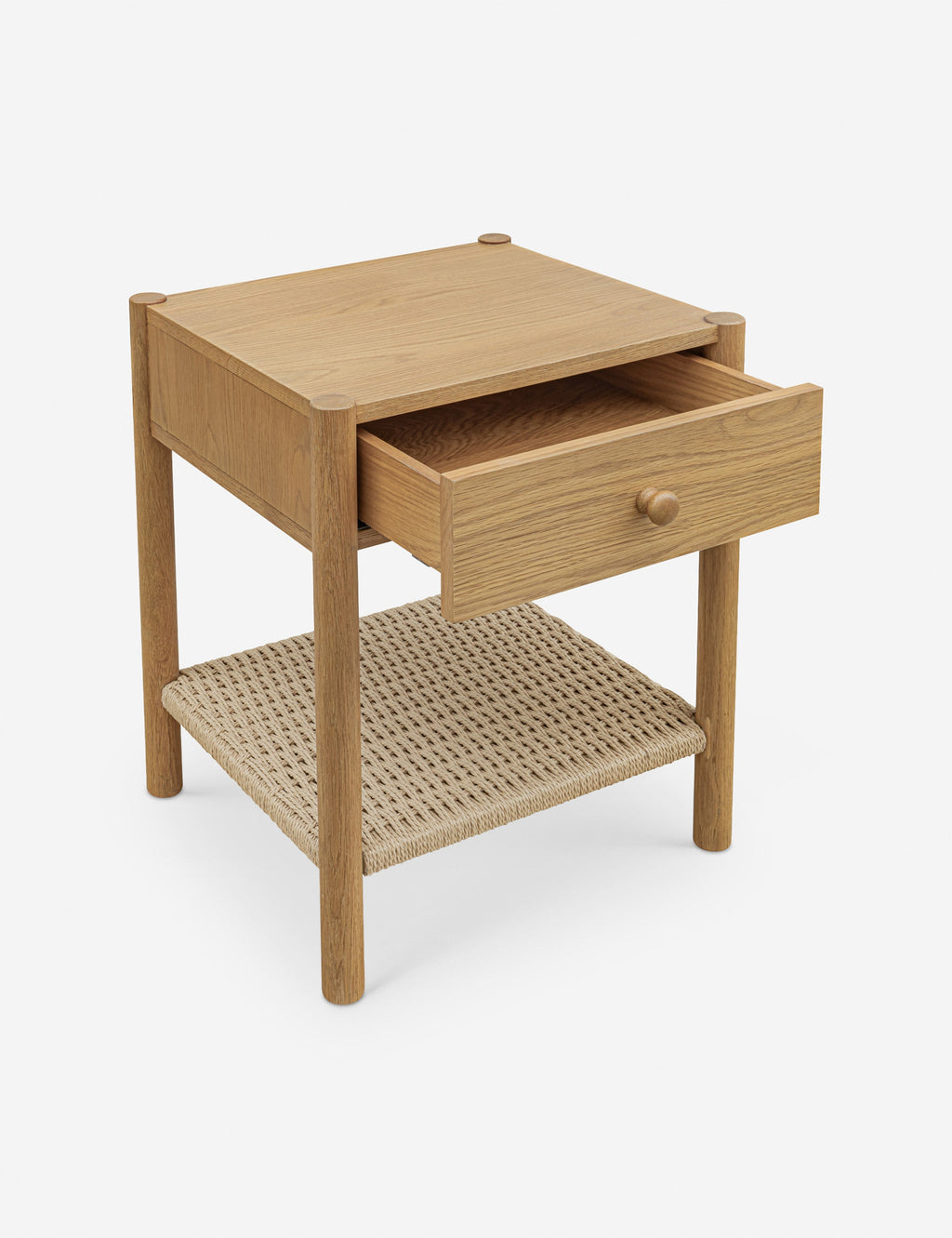 Table de chevet - La table de chevet offre une interprétation raffinée des textures naturelles avec une étagère en corde de papier tressée à la main sous un simple cadre en chêne