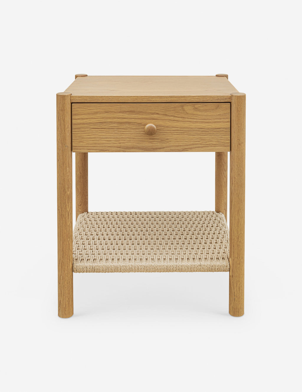 Table de chevet - La table de chevet offre une interprétation raffinée des textures naturelles avec une étagère en corde de papier tressée à la main sous un simple cadre en chêne