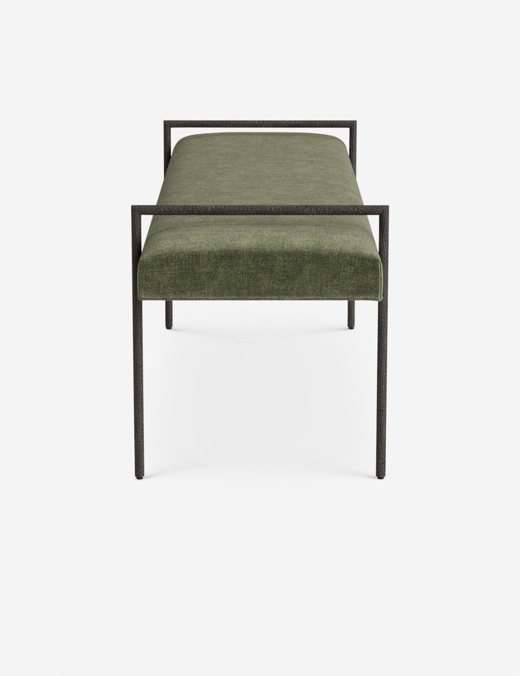 Banc - Une assise fine rembourrée repose sur un cadre métallique épuré, conférant à ce banc un profil net et architectural