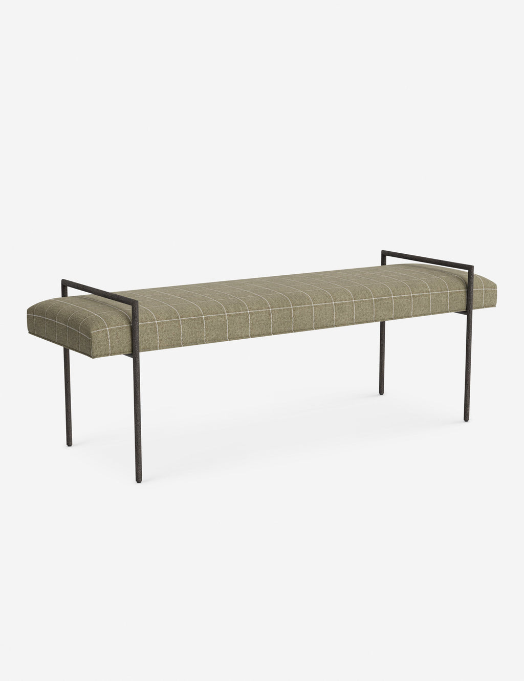 Banc - Une assise fine rembourrée repose sur un cadre métallique épuré, conférant à ce banc un profil net et architectural
