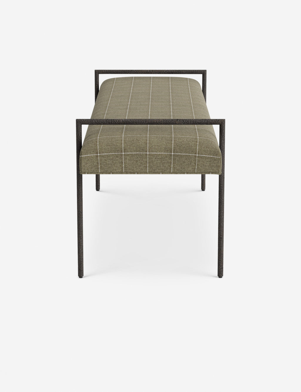 Banc - Une assise fine rembourrée repose sur un cadre métallique épuré, conférant à ce banc un profil net et architectural