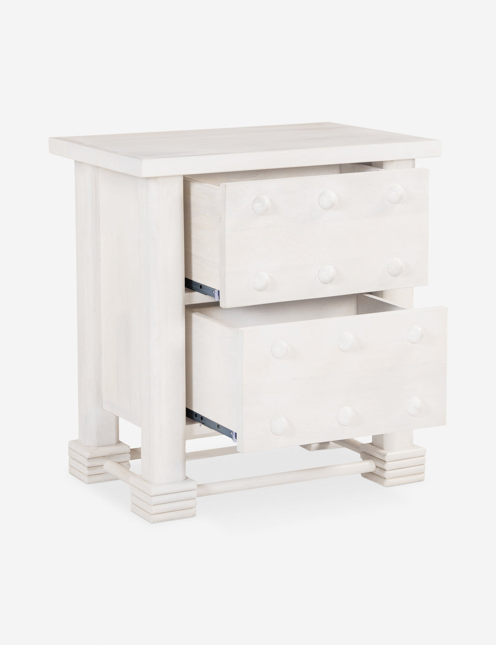 Table de chevet - La table de chevet présente une silhouette trapue de style français et des motifs de boutons.