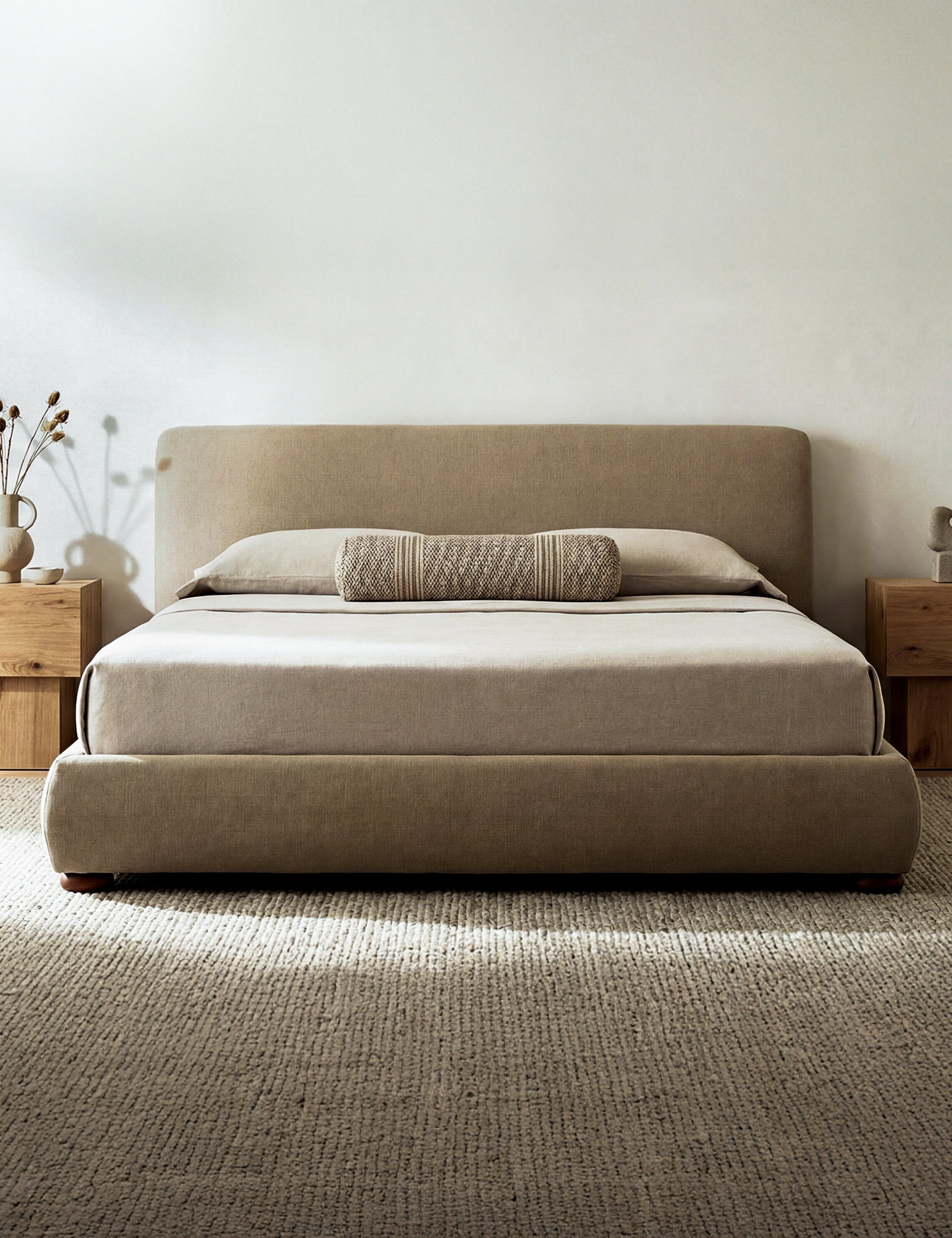 Lit - Le lit offre un impact doux avec une tête de lit délicatement arrondie et des pieds ludiques en forme de bun