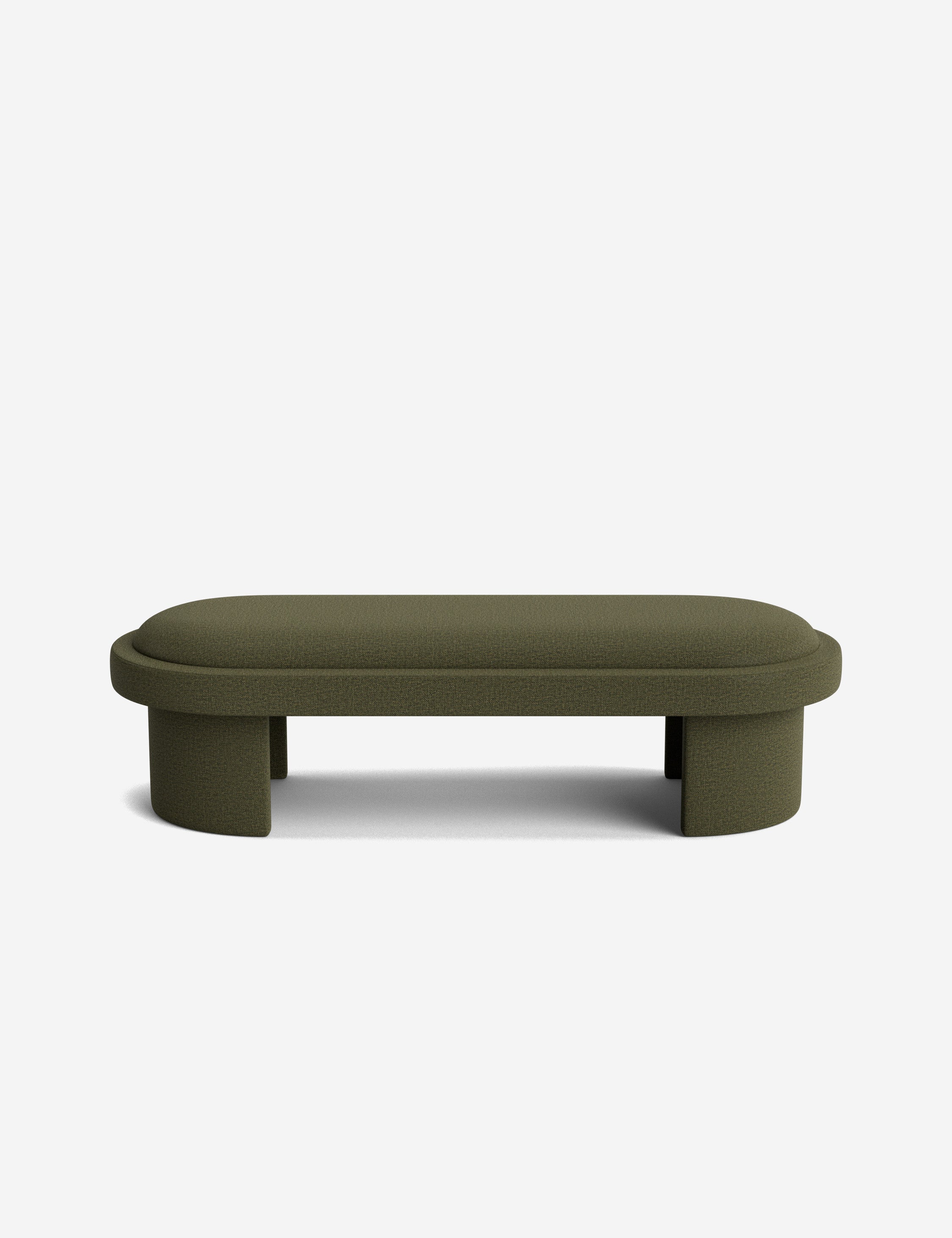 Banc - Une simplicité sculpturale définit le banc, dont l'assise capitonnée et les pieds incurvés offrent un moment d'architecture discrète