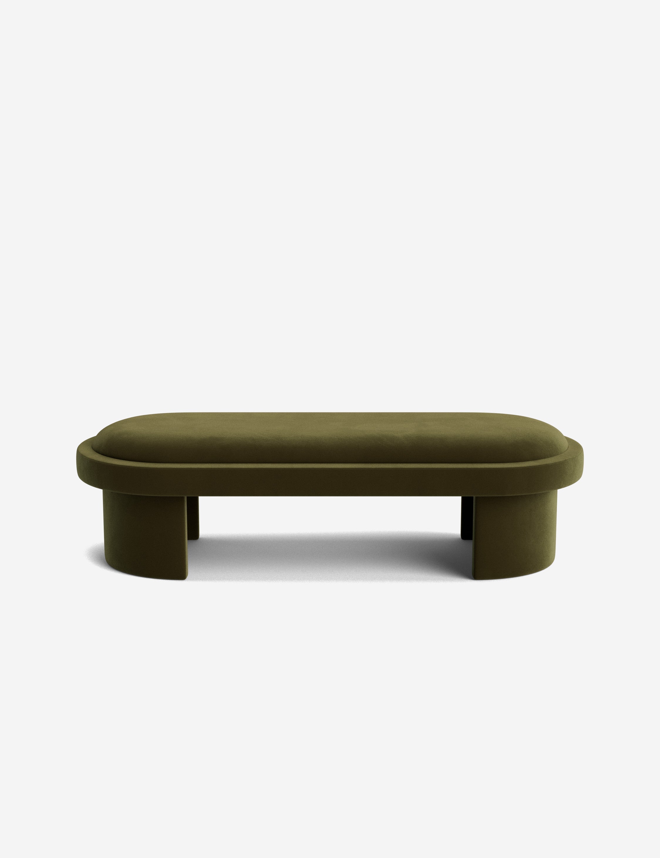 Banc - Une simplicité sculpturale définit le banc, dont l'assise capitonnée et les pieds incurvés offrent un moment d'architecture discrète