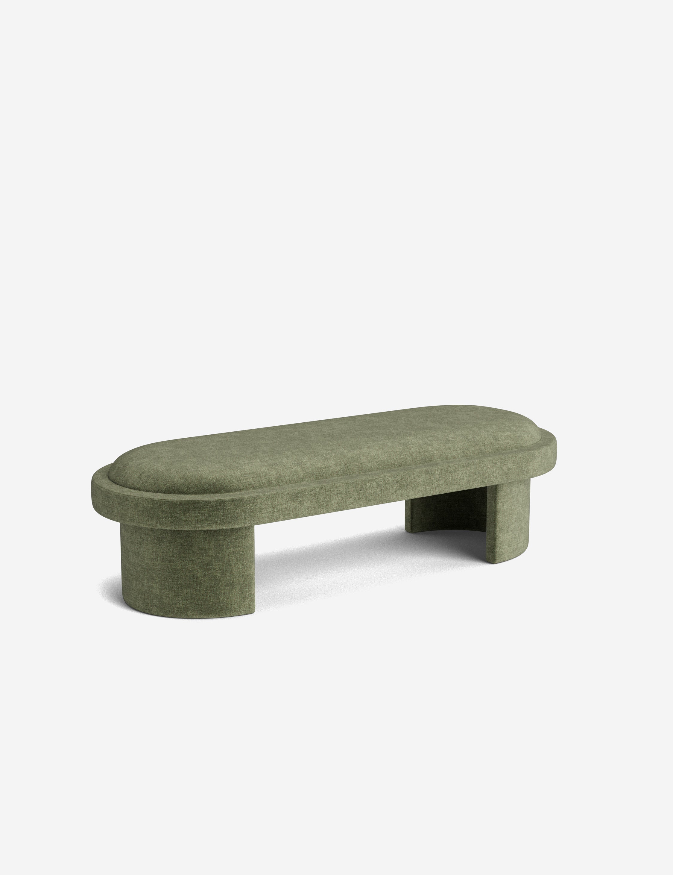 Banc - Une simplicité sculpturale définit le banc, dont l'assise capitonnée et les pieds incurvés offrent un moment d'architecture discrète