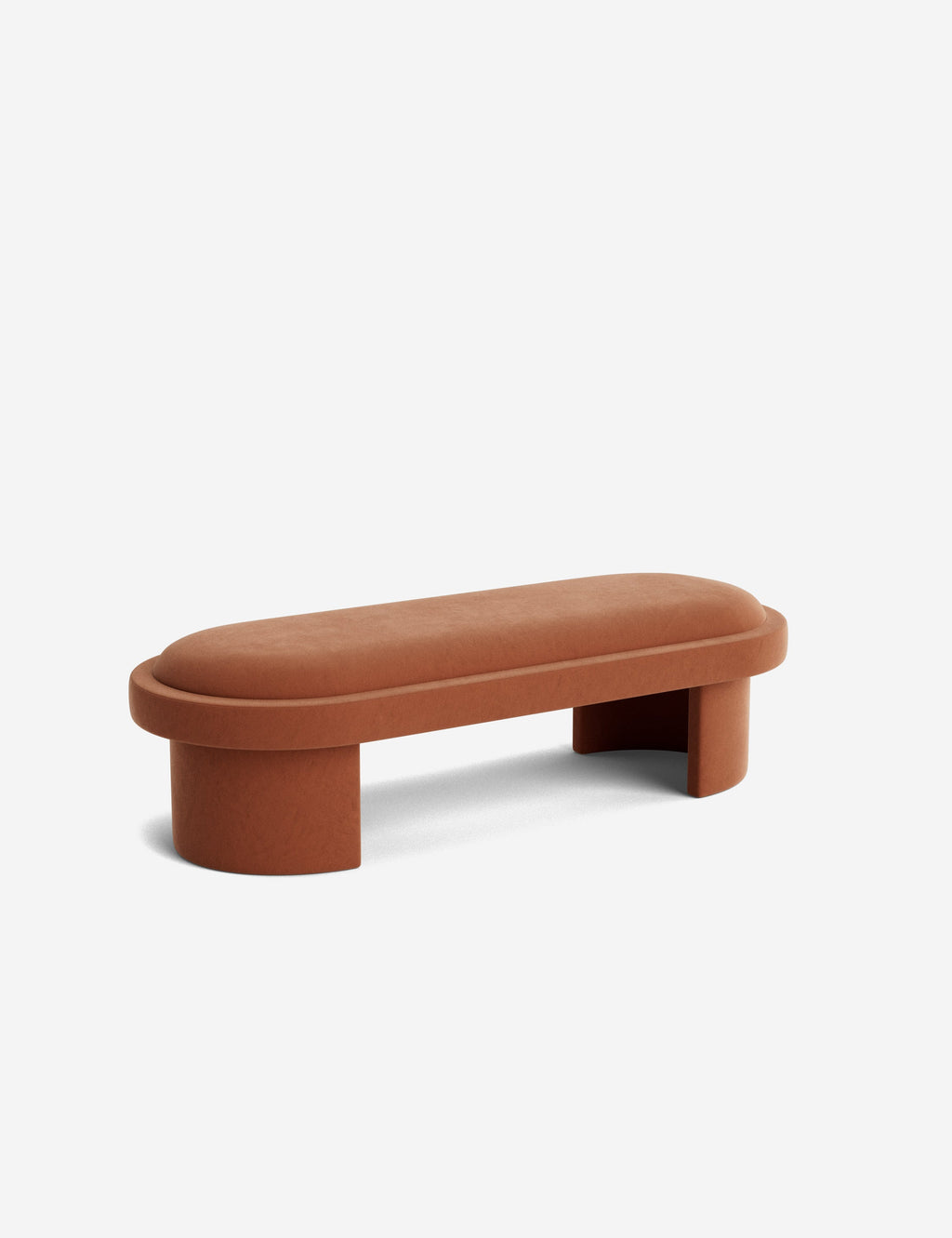 Banc - Une simplicité sculpturale définit le banc, dont l'assise capitonnée et les pieds incurvés offrent un moment d'architecture discrète