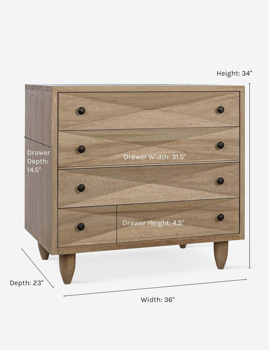 Commode à 4 tiroirs - Notre commode à quatre tiroirs s'intègre parfaitement aux intérieurs de chambre modernes, ou même bohèmes, grâce à ses motifs géométriques accrocheurs