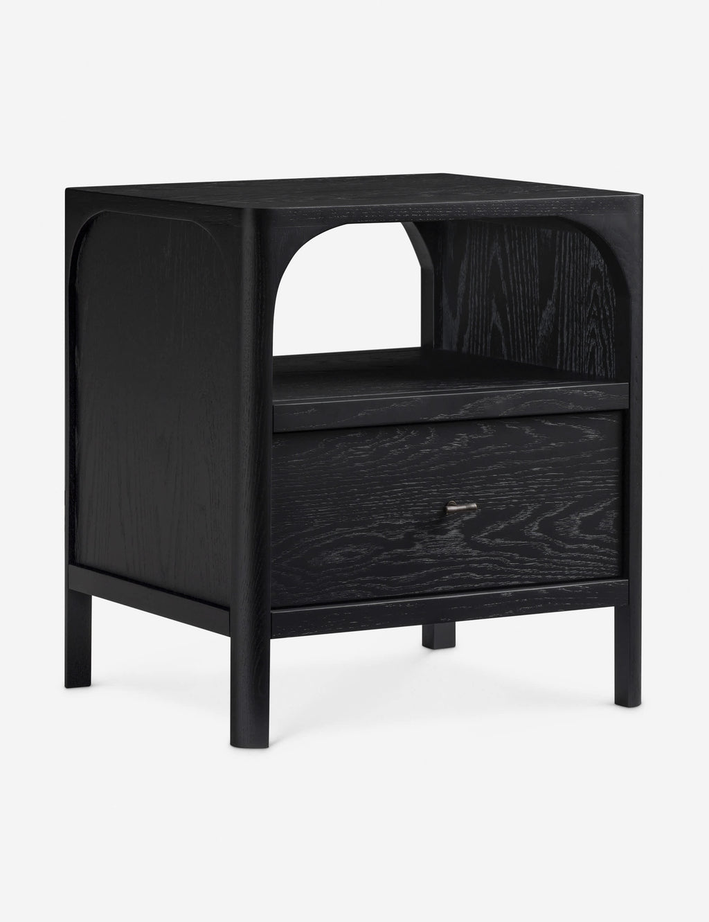 Table de chevet - La table de chevet reste épurée avec une silhouette architecturale adoucie par une étagère ouverte en arc de cercle