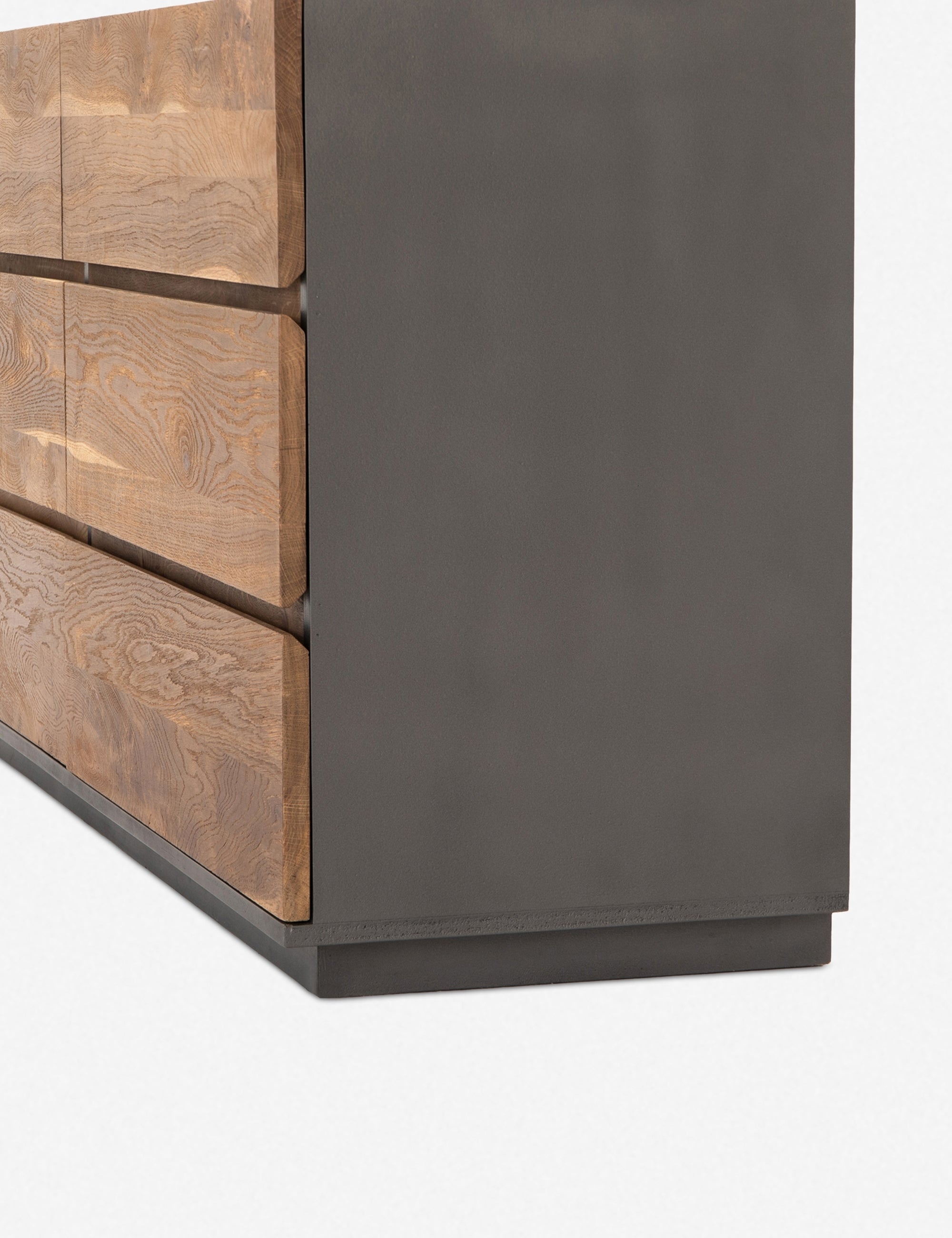 Commode - Améliorez votre chambre avec cette commode élégante et abordable, dotée d'une structure laquée grise contrastant avec six tiroirs en chêne fumé