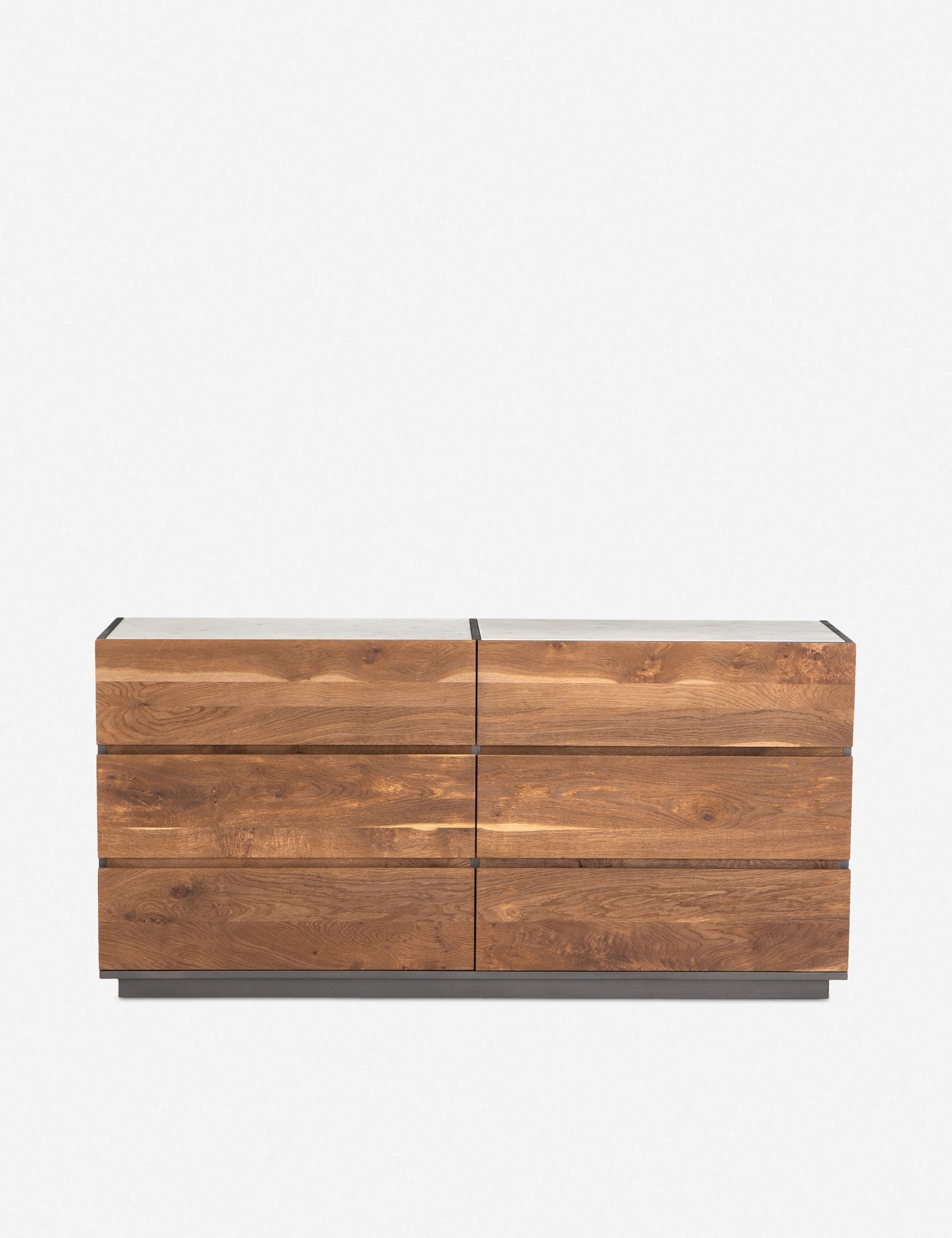 Commode - Améliorez votre chambre avec cette commode élégante et abordable, dotée d'une structure laquée grise contrastant avec six tiroirs en chêne fumé