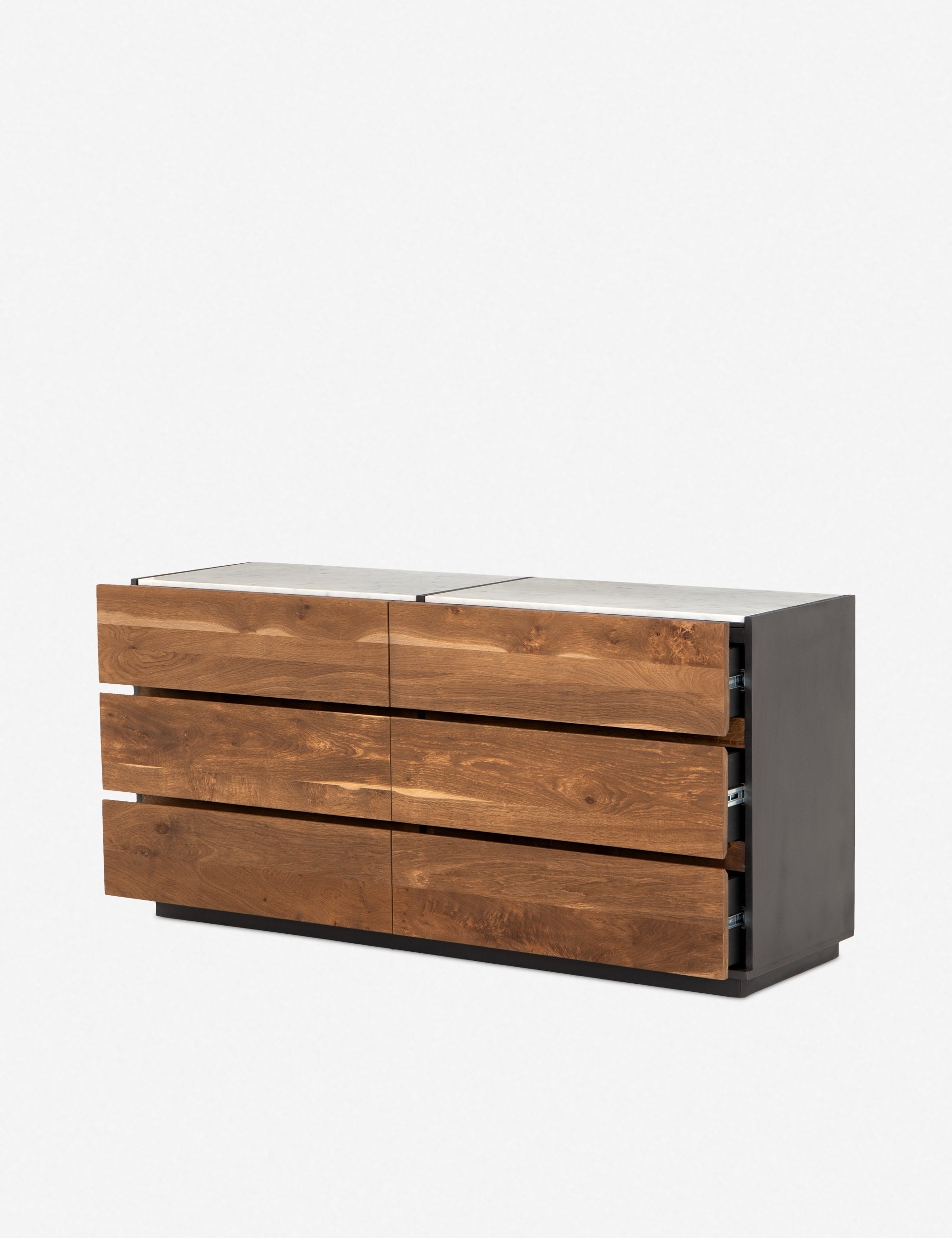 Commode - Améliorez votre chambre avec cette commode élégante et abordable, dotée d'une structure laquée grise contrastant avec six tiroirs en chêne fumé
