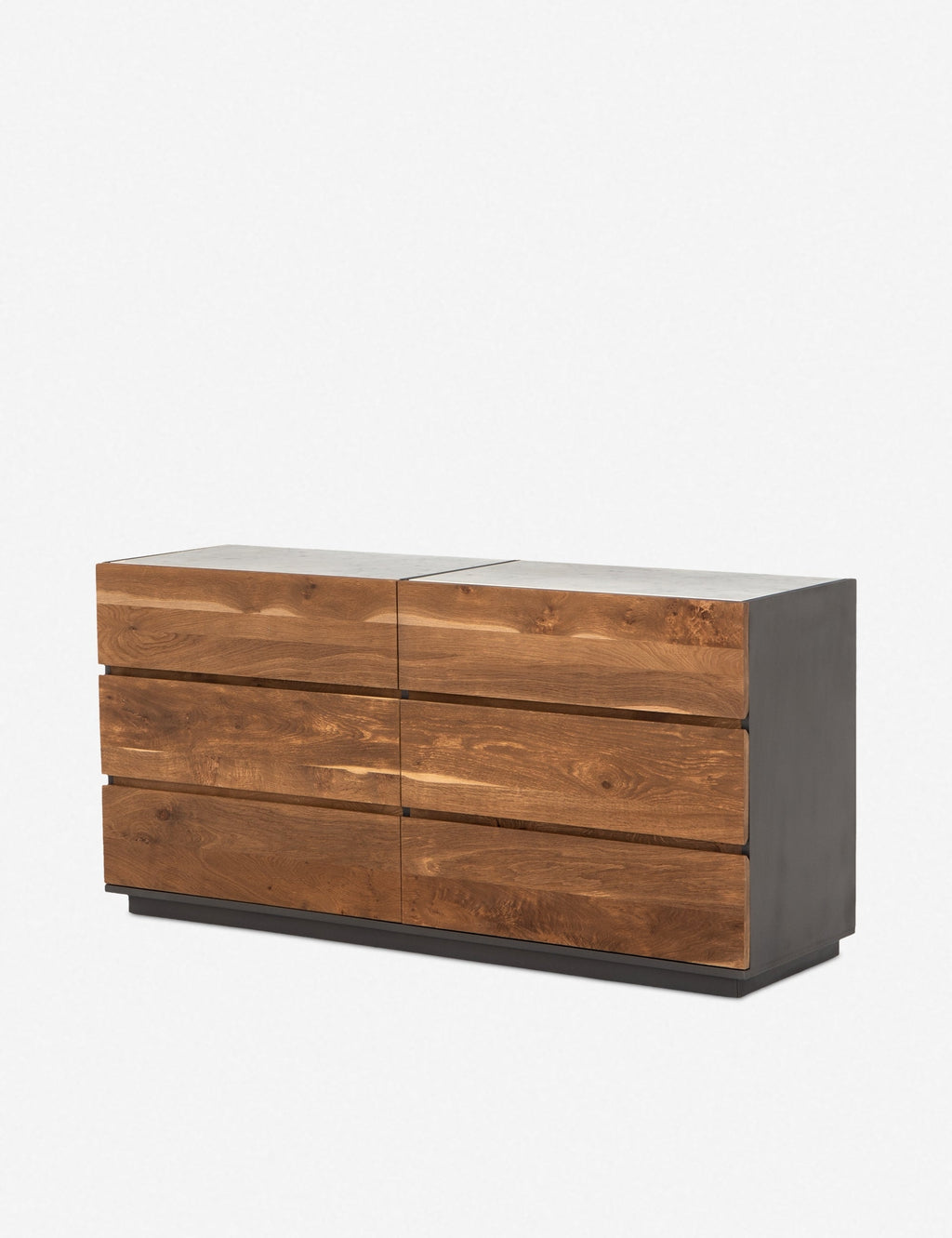 Commode - Améliorez votre chambre avec cette commode élégante et abordable, dotée d'une structure laquée grise contrastant avec six tiroirs en chêne fumé