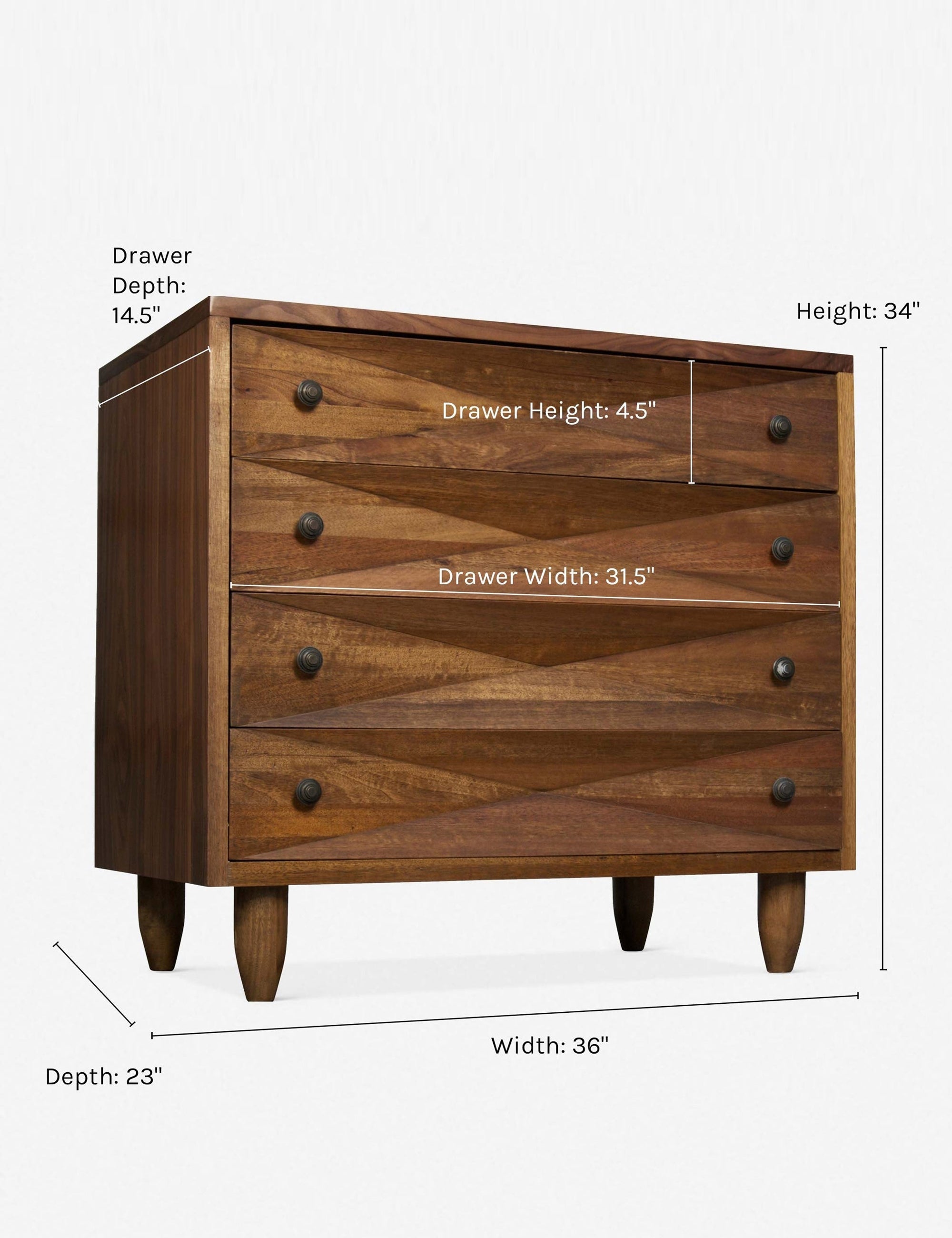Commode à 4 tiroirs - Notre commode à quatre tiroirs s'intègre parfaitement aux intérieurs de chambre modernes, ou même bohèmes, grâce à ses motifs géométriques accrocheurs
