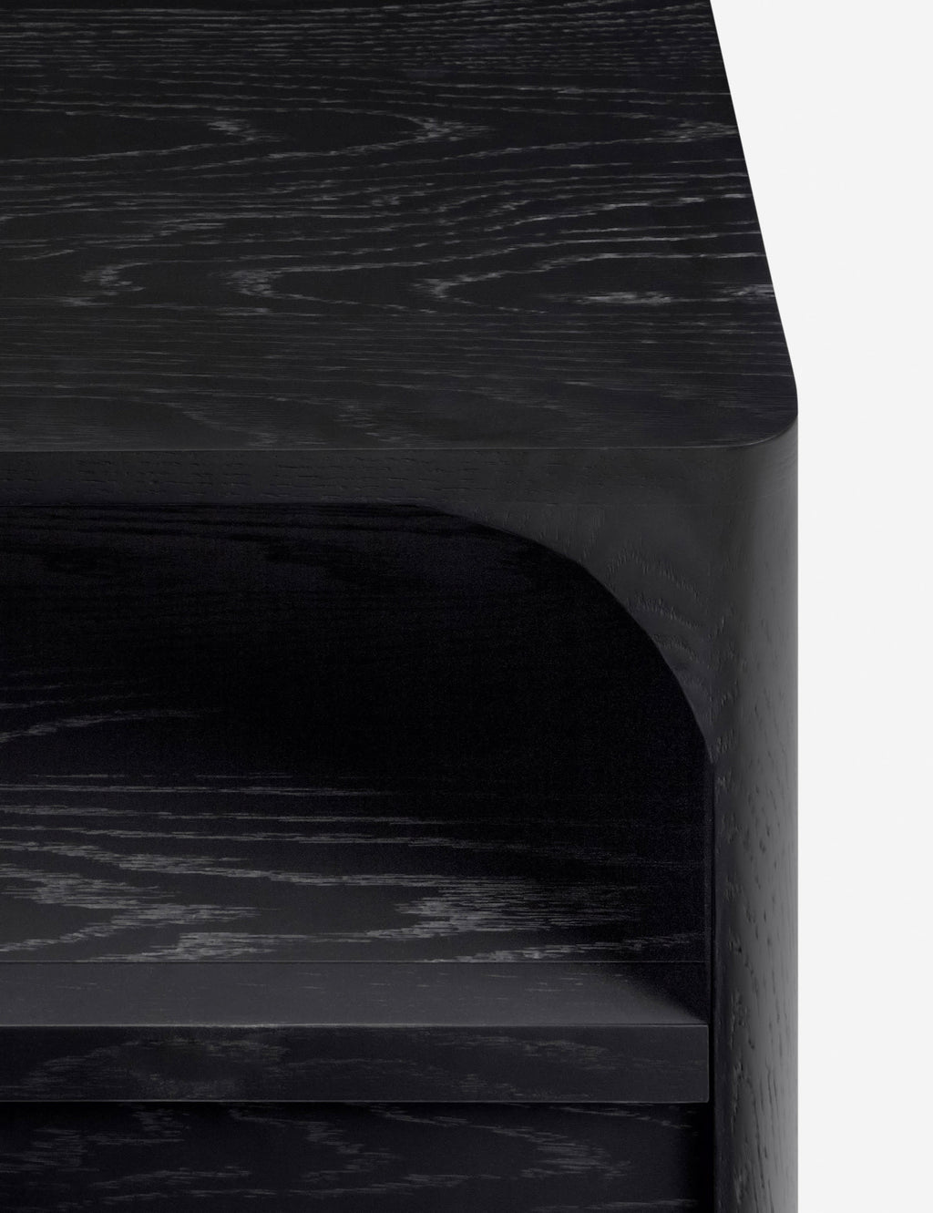 Table de chevet - La table de chevet reste épurée avec une silhouette architecturale adoucie par une étagère ouverte en arc de cercle